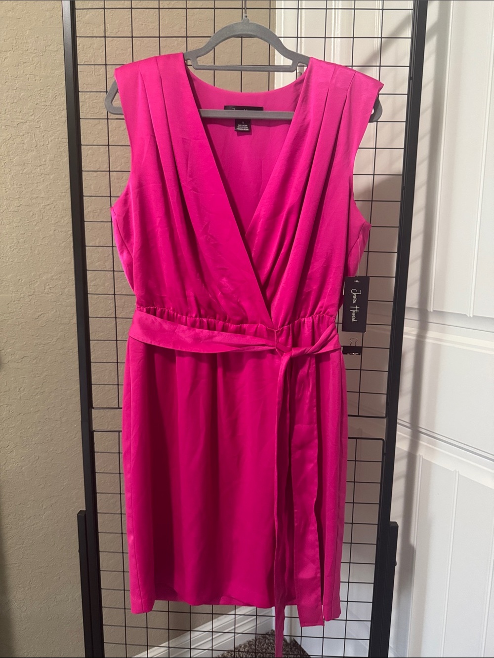 NWT Jessica Howard Fuchsia Sleeveless Faux-Wrap Dress w/Waist Tie SZ 12